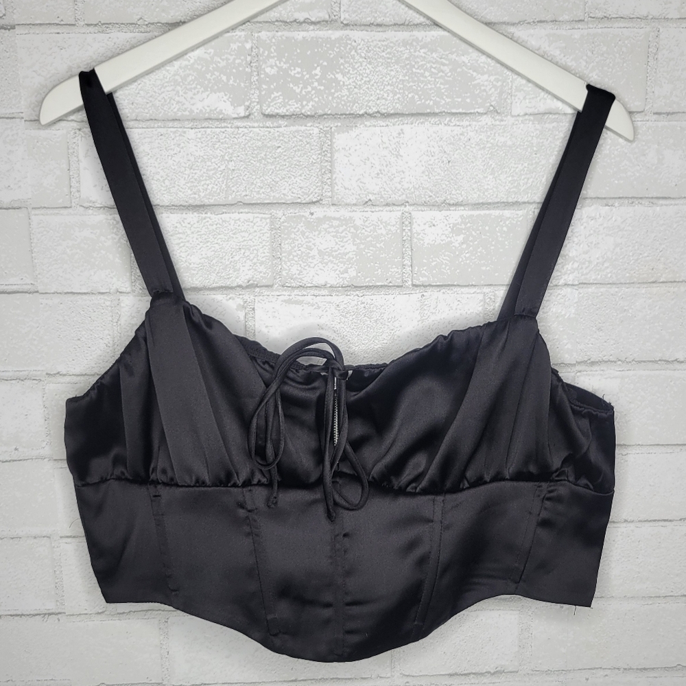 Garage Black Satin Long Line Zipper Back Crop Tank